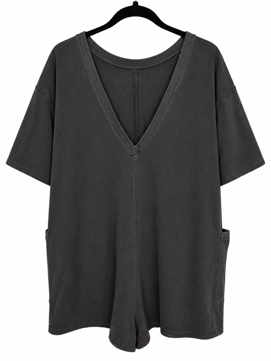 Free People Pants - Free People Washed V-Neck Short Sleeve Tunic Romper - Charcoal